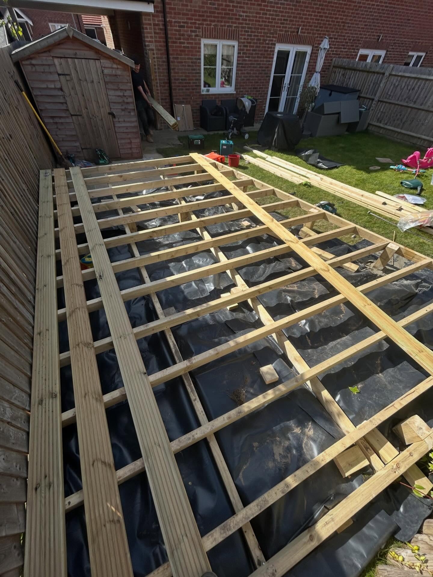 Timber decking frame under construction by CV Carpentry & Construction, Cambridgeshire