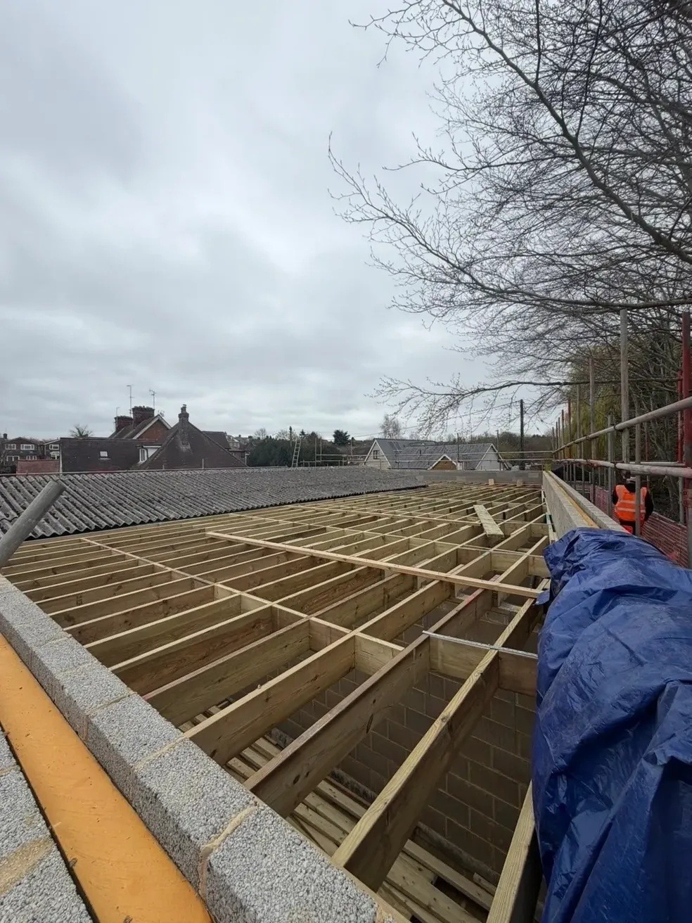 Timber joists laid for a flat roof structure, roofing carpentry in Cambridgeshire
